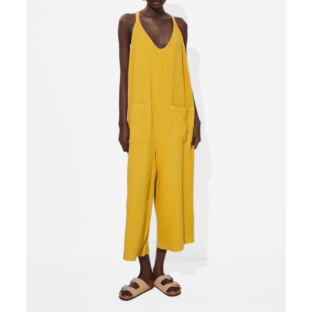 Parfois Women Yellow Gauze Cotton Relax Dungarees Jumpsuit XS-S Boho Folk Preppy